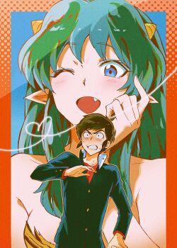 Rule 34 | 1boy, 1girl, animal print, bikini, black jacket, blue eyes, brown hair, collarbone, cone horns, fang, green hair, highres, horns, jacket, long hair, lum, moroboshi ataru, one eye closed, open mouth, pointy ears, print bikini, qrhara555, school uniform, short hair, swimsuit, tiger print, urusei yatsura