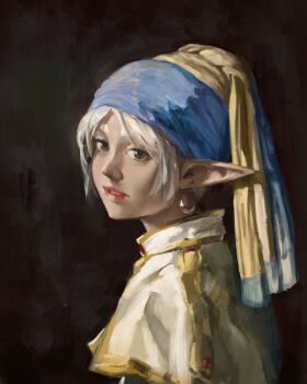 1girl artist_name black_background blue_headscarf commentary dress earrings elf english_commentary fine_art_parody frieren from_side girl_with_a_pearl_earring green_eyes headscarf highres jewelry long_hair long_pointy_ears looking_at_viewer parody parted_bangs parted_lips pearl_earrings pluvium_grandis pointy_ears red_lips short_eyebrows sidelocks simple_background solo sousou_no_frieren thick_eyebrows turning_head upper_body white_hair yellow_dress yellow_headscarf
