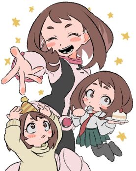 1girl blush_stickers bodysuit boku_no_hero_academia breasts brown_eyes cake closed_eyes collared_shirt eating food full_body hat holding holding_cake holding_food medium_breasts medium_hair multicolored_bodysuit multiple_views necktie nununanu open_mouth outstretched_hand parted_lips party_hat pleated_skirt red_necktie shirt skirt smile solo sparkle superhero_costume sweater two-tone_bodysuit upper_body uraraka_ochako utensil_in_mouth white_background white_shirt yellow_sweater