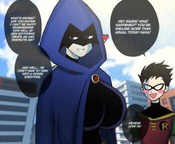 1boy 1girl aftersex bodysuit breasts cloak colored_skin commentary dc_comics dick_grayson english_commentary eye_mask goth_fashion grey_skin highres large_breasts mask multicolored_bodysuit purple_cloak raven_(dc) robin_(dc) superhero_costume teen_titans theodyss_(xothdys) two-tone_bodysuit