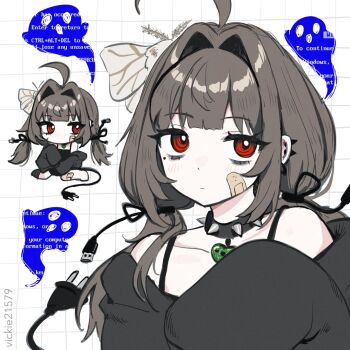 1girl ahoge animal animal_on_head bandaid bandaid_on_cheek bandaid_on_face blue_screen_of_death brown_hair bug cable cable_tail chibi chibi_inset choker closed_mouth ear_piercing electric_plug electric_plug_tail ghost grid_background hair_intakes insect long_hair looking_at_viewer low_twintails mechanical_tail moth multiple_views off_shoulder on_head original piercing red_eyes sleeves_past_fingers sleeves_past_wrists spiked_choker spikes tail twintails usb usb_cable vickie_(cryingrobot) vickie_(cryingrobot)_(character) white_background