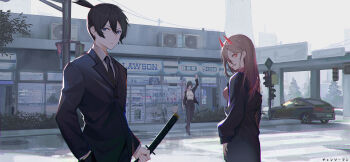 Rule 34 | 1boy, 2girls, absurdres, air conditioner, black hair, black jacket, black neckwear, black pants, blue eyes, blurry, bowl cut, breasts, brown hair, car, chainsaw man, chromatic aberration, collared shirt, convenience store, cross-shaped pupils, crosswalk, demon horns, depth of field, earrings, eyepatch, formal clothes, frown, hair behind ear, hair between eyes, hand in pocket, hayakawa aki, high ponytail, highres, himeno (chainsaw man), holding, holding sword, holding weapon, horns, jacket, jewelry, katana, lawson, looking at viewer, medium breasts, medium hair, motor vehicle, multiple girls, necktie, off shoulder, one eye covered, orange eyes, outdoors, pants, ponytail, power (chainsaw man), power lines, red horns, red shirt, road sign, sharp teeth, shirt, shop, short hair, short ponytail, sign, smile, suit, suit jacket, sword, symbol-shaped pupils, teeth, topknot, traffic light, utility pole, waving, weapon, xtears kitsune