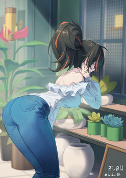 1girl absurdres alternate_costume artist_name ass bare_shoulders black_hair bld_zi breasts denim feet_out_of_frame flower highres jeans korean_commentary large_breasts leaning_forward long_hair long_sleeves multicolored_hair pants plant ponytail red_eyes red_hair solo streaked_hair zenless_zone_zero zhu_yuan