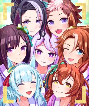 Rule 34 | 6+girls, absurdres, ahoge, animal ears, black hair, blue eyes, blue hair, blush, bow, bowtie, braid, braided bun, brown eyes, brown hair, closed eyes, closed mouth, commentary request, crown braid, ear bow, ear ornament, ear ribbon, hair between eyes, hair bun, hair ornament, hairclip, highres, horse ears, horse girl, long hair, looking at viewer, mejiro ardan (umamusume), mejiro bright (umamusume), mejiro dober (umamusume), mejiro family (umamusume), mejiro mcqueen (umamusume), mejiro palmer (umamusume), mejiro ramonu (umamusume), mejiro ryan (umamusume), mole, mole under eye, multicolored hair, multiple girls, one eye closed, open mouth, puffy short sleeves, puffy sleeves, purple bow, purple bowtie, purple eyes, purple hair, purple shirt, sailor collar, sailor shirt, school uniform, shirt, short hair, short sleeves, side braids, smile, streaked hair, textless version, torinosukei, tracen school uniform, twin braids, two-tone hair, umamusume, viewfinder, white hair, white sailor collar