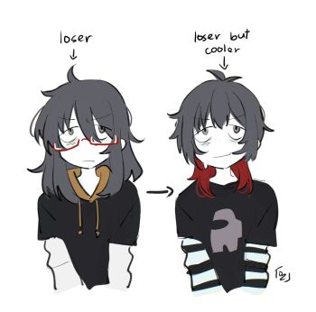 1girl arrow_(symbol) artist_self-insert closed_mouth english_text glass highres hood hoodie limited_palette long_sleeves medium_hair multicolored_hair original oz_sumire rectangular_eyewear red-framed_eyewear semi-rimless_eyewear shirt simple_background solo sweatdrop t-shirt under-rim_eyewear