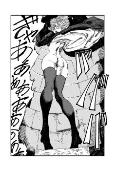 ass black_dress dress extended_upskirt from_below fukumei hatching_(texture) highres lilisen_(tower_dungeon) monochrome no_bra no_panties screaming thighhighs tower_dungeon upskirt wide_hips wind wind_lift