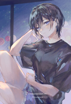 1girl artist_name black_hair black_shirt blue_eyes blue_nails blush commentary commission denim denim_shorts earrings highres jewelry mishiro_(iromishiro) original shirt short_hair short_sleeves shorts skeb_commission solo t-shirt