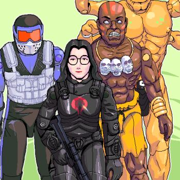 1girl 3boys action_figure assault_rifle baroness_(g.i._joe) bindi black_hair bodysuit breasts bulletproof_vest cobra_(animal) cobra_command commentary_request crossover dhalsim emblem facepaint g.i._joe glasses goggles goro_(mortal_kombat) gun hasbro looking_at_viewer lowres mask matagitii mortal_kombat_(series) multiple_boys muscular ninja oekaki official_style otaku otaku_room rifle skull snake_eyes_(character) street_fighter street_fighter_iii_(series) symbol tactical_clothes toned toy tribal uniform weapon