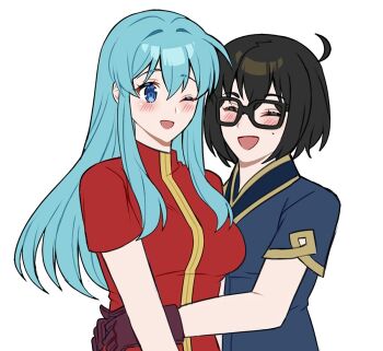 Rule 34 | 2girls, aqua hair, artist self-insert, black-framed eyewear, black hair, blue eyes, blue shirt, blush, breasts, commentary, couple, dress, eirika (fire emblem), english commentary, eyebrows hidden by hair, female kiran (fire emblem), fire emblem, fire emblem: the sacred stones, fire emblem heroes, glasses, gloves, hair between eyes, happy, hug, kiran (fire emblem), laughing, long hair, looking at another, maji (majibomber), medium breasts, multiple girls, neck, nintendo, one eye closed, open mouth, red dress, shirt, short hair, short sleeves, sidelocks, smile, straight hair, white background, wink, yuri