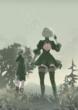 Rule 34 | 1boy, 1girl, 2b (nier:automata), 9s (nier:automata), back cutout, black boots, black dress, black gloves, black jacket, black shorts, black socks, black thighhighs, black visor, blindfold, boots, clothing cutout, dress, feather trim, from behind, from below, gloves, grass, grey hair, grey sky, highres, hood, hood down, hooded jacket, jacket, juliet sleeves, long sleeves, nekoyana, nier:automata, nier (series), outdoors, pine tree, puffy sleeves, short hair, shorts, sky, socks, thigh boots, thighhighs, tree, turtleneck, turtleneck dress