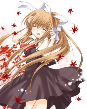 Rule 34 | 1girl, 2000s (style), air (visual novel), archived source, ascot, autumn leaves, black dress, blonde hair, blush, breasts, closed eyes, collared dress, commentary request, cowboy shot, cross brooch, crosshatching, dot nose, dress, floating clothes, floating hair, hair ribbon, hatching (texture), impasto, kamio misuzu, key (company), leaf, light particles, long hair, medium breasts, medium dress, open mouth, patoto, pinafore dress, ponytail, puffy short sleeves, puffy sleeves, red ascot, red leaf, retro artstyle, ribbon, shirt, short sleeves, sidelocks, simple background, sleeveless, sleeveless dress, solo, tongue, very long hair, white ribbon, wing collar, yellow shirt