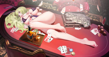 1girl absurdres ace_(playing_card) ace_of_clubs ace_of_diamonds ace_of_spades animal_ears ass azur_lane banknote barefoot breasts briefcase card carpet chair club_(shape) commentary_request diamond_(shape) dollar_bill eight_of_hearts fake_animal_ears feet five_of_clubs floating_card four_of_hearts full_body green_hair highres holding holding_card huge_breasts hundred_dollar_bill ice ice_cube indoors jack_daniel's king_(playing_card) king_of_hearts_(playing_card) leotard long_hair long_legs looking_at_viewer lying money money_bag napoli_(azur_lane) napoli_(dreamy_night)_(azur_lane) nine_of_clubs nine_of_hearts no_shoes nontraditional_playboy_bunny official_alternate_costume on_side on_table playboy_bunny playing_card poker_chip poker_table purple_leotard rabbit_ears red_eyes shiran1024 six_of_diamonds six_of_hearts six_of_spades solo spade_(shape) table ten_of_hearts ten_of_spades three_of_spades two_of_hearts very_long_hair white_wrist_cuffs wrist_cuffs