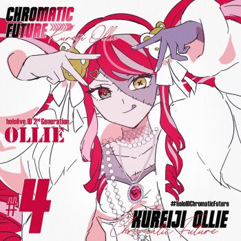 1girl colored_skin commentary double_bun grey_skin hair_bun heterochromia hololive hololive_indonesia kureiji_ollie kureiji_ollie_(mafia_princess) long_hair looking_at_viewer multicolored_hair multicolored_skin official_alternate_costume patchwork_skin pink_hair red_eyes red_hair sakon04 smile solo stitched_face stitches symbol-only_commentary tongue tongue_out virtual_youtuber yellow_eyes zombie