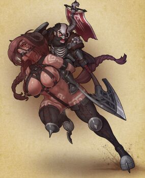 1boy 1girl absurdres armband armor armored_boots arms_behind_back axe banner battle_axe bdsm beard between_breasts bit_gag black_hair blade bondage boots bound braid breasts brown_hair cape carrying chain chestplate clothed_male_nude_female cross-laced_footwear demon_girl dirt dwarf eyebrows facial_hair female_focus fur-trimmed_armor fur_trim gag gag_harness gagged gauntlets gloves harness head_harness height_difference highres hoof_shoes horned_mask horns horse_girl knee_pads leather leather_boots mask muhut muscular muscular_female mustache nipple_piercing nipples nude open_mouth original piercing piggyback pointy_ears pony_play pussy_juice red_eyes reins riding running saliva scar sharp_teeth shield shoes shoulder_armor shoulder_pads shouting simple_background sitting sitting_on_person size_difference skull skull_mask slave slaverider spiked_shoes spikes stirrups_(riding) strap strap_between_breasts sweat tall_female taller_female tattoo teeth thigh_boots thighhighs torn_cape torn_clothes war_paint weapon yellow_eyes