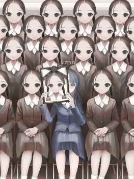 6+girls absurdres black_eyes black_hair blue_hair blue_jacket blue_skirt braid chair clone closed_mouth collared_shirt expressionless feet_out_of_frame graduation hands_up highres holding holding_photo iei jacket long_hair long_sleeves looking_at_viewer multiple_girls odd_one_out on_chair original own_hands_together photo_(object) pleated_skirt school_uniform shirt sitting skirt test_norma1 translation_request twin_braids white_shirt