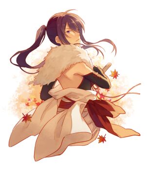 1boy ahoge back backless_shirt bingdu_3927 black_arm_warmers clothes_down cowboy_shot cross-laced_armwear ensemble_stars! falling_leaves floating_hair from_behind fur_trim hair_between_eyes holding holding_sword holding_weapon japanese_clothes kanzaki_souma katana kimono leaf long_hair male_focus maple_leaf obi official_alternate_costume parted_lips ponytail purple_eyes purple_hair red_ribbon red_sash ribbon sash shoulder_blades sidelocks simple_background solo sword v-shaped_eyebrows weapon white_background white_kimono