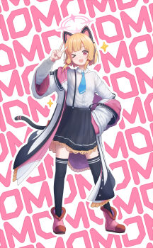 &gt;_o 1girl ;d absurdres animal_ear_headphones animal_ears arm_up black_jacket black_skirt black_tail black_thighhighs blonde_hair blue_archive blue_necktie blunt_bangs blush boots bow buttons cat_ear_headphones cat_ears cat_tail character_name chinese_commentary collared_shirt commentary dress_shirt dsfr fake_animal_ears fake_tail frilled_jacket frilled_skirt frills full_body hair_bow halo hand_on_own_hip head_tilt headphones highres hood hood_down hooded_jacket jacket jacket_partially_removed layered_sleeves long_sleeves looking_at_viewer low-tied_sidelocks momoi_(blue_archive) multicolored_jacket necktie one_eye_closed open_clothes open_jacket open_mouth outline parted_bangs pink_background pink_boots pink_eyes pink_halo pink_jacket pleated_skirt red_bow shirt shirt_tucked_in short_hair sidelocks skirt smile solo sparkle standing suspender_skirt suspenders suspenders_slip tail teeth text_background thighhighs two-sided_fabric two-sided_jacket two-tone_background unbuttoned upper_teeth_only v white_background white_jacket white_outline white_shirt wide_sleeves