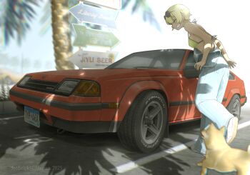 1girl 2025 artist_name bikini bikini_top_only blonde_hair blue_pants car closed_eyes commentary_request denim dog dog_request green_bikini highres jeans jettoburikku license_plate minnesota motor_vehicle original palm_tree pants red_car shadow short_hair smile sunglasses swimsuit toyota toyota_celica tree united_states vehicle_focus watermark
