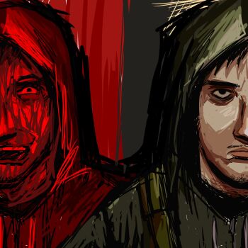 2boys bags_under_eyes beard_stubble black_eyes blood blood_from_forehead blood_on_face boygonerouge close-up crazy_grin cry_of_fear dual_persona expressionless facial_hair green_hoodie hashtag-only_commentary highres hood hood_up hoodie looking_at_viewer multiple_boys portrait red_hoodie simon_henriksson simon_henriksson_(book) split_screen stubble