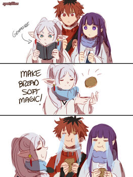 1boy 2girls book bread closed_eyes closed_mouth commentary crying earrings elf english_commentary fern_(sousou_no_frieren) food frieren green_eyes grimoire highres holding holding_book jewelry long_hair magic multiple_girls pointy_ears purple_eyes purple_hair red_eyes red_hair signature simple_background sousou_no_frieren spatziline stark_(sousou_no_frieren) teardrop_earrings twintails white_background white_hair