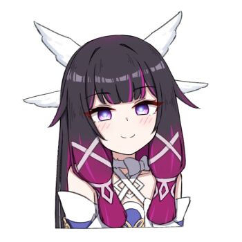 1girl black_hair blush bow bright_pupils chirun0 closed_mouth columbina_(genshin_impact) commentary cropped_torso english_commentary genshin_impact gradient_hair hair_ribbon head_wings long_hair looking_at_viewer multicolored_hair purple_eyes purple_hair ribbon simple_background smile solo upper_body white_background white_bow white_pupils white_ribbon white_wings wings