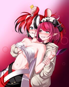 2girls animal_ear_fluff animal_ears beret black_bow black_choker black_hair blue_eyes blush bow breasts cardigan choker commentary crystal_wings grabbing_another&#039;s_breast groping hakos_baelz hakos_baelz_(1st_costume) hand_under_clothes hat highres holding_another&#039;s_wrist hololive hood hooded_cardigan horns irys_(casualrys)_(hololive) irys_(hololive) mouse_ears mousetrap multicolored_hair multicolored_skirt multiple_girls navel one_eye_closed pink_hair pointy_ears que1538 red_background red_eyes skirt smile sweat white_hair white_hat wings yuri