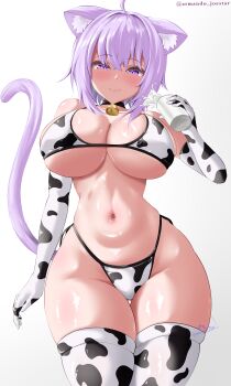 1girl absurdres ahoge animal_ear_fluff animal_ears animal_print armanditto bell bikini black_choker blush breasts cat_ears cat_girl cat_tail choker cleavage closed_mouth cow_print cow_print_bikini cow_print_gloves cow_print_thighhighs cowbell cup elbow_gloves gloves highres holding holding_cup hololive large_breasts looking_at_viewer milk navel nekomata_okayu print_bikini print_gloves print_thighhighs purple_eyes purple_hair smile solo swimsuit tail thighhighs tongue tongue_out virtual_youtuber