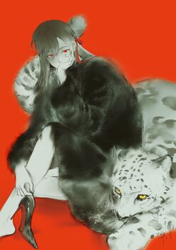 1boy alternate_costume animal animalization artist_request barefoot black_coat black_hair black_shoes closed_mouth coat commission fur_coat greyscale greyscale_with_colored_background hair_between_eyes hair_down hair_ribbon half_updo hand_on_own_cheek hand_on_own_face head_rest high_heels highres holding holding_shoes holding_unworn_clothes implied_yaoi knee_up lan_wangji long_hair long_sleeves looking_at_viewer modao_zushi monochrome official_alternate_hairstyle red_background red_eyes red_ribbon ribbon second-party_source shoes simple_background single_shoe sitting snow_leopard solo spot_color unworn_shoes watermark wei_wuxian wei_wuxian_(yiling_laozu) yellow_eyes