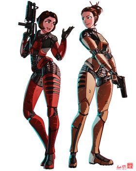 2girls absurdres blue_eyes brown_hair colette_green commentary dated english_commentary gina_cross green_eyes gun hair_ornament hairpin half-life:_decay half-life_(series) handgun hev_suit highres holding holding_gun holding_weapon lart173 looking_at_another multiple_girls open_mouth simple_background smile submachine_gun weapon white_background