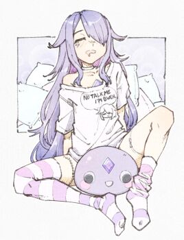 Rule 34 | 1girl, :d, adversarial noise, arm support, blush stickers, chest jewel, choker, closed eyes, clothes writing, convenient censoring, drooling, face jewel, full body, gem, hair over one eye, hashtag-only commentary, hololive, hololive english, igalimax, jewel under eye, knee up, koseki bijou, long hair, loose socks, mouth drool, off-shoulder shirt, off shoulder, one eye covered, open mouth, oversized clothes, pebble (koseki bijou), pillow, purple gem, purple hair, shirt, short sleeves, simple background, sitting, sleepy, smile, socks, solo, striped clothes, striped thighhighs, stuffed toy, t-shirt, thigh strap, thighhighs, very long hair, virtual youtuber, white choker