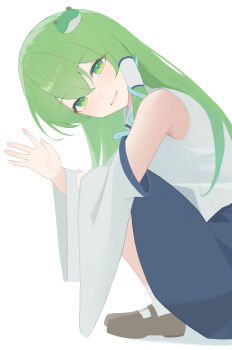 Rule 34 | 1girl, absurdres, blue skirt, brown shoes, commentary request, detached sleeves, frog hair ornament, green eyes, green hair, hair ornament, hair tubes, highres, kochiya sanae, long hair, looking at viewer, mary janes, open mouth, palulap, shoes, simple background, single hair tube, skirt, smile, snake hair ornament, socks, solo, squatting, touhou, waving, white background, white socks