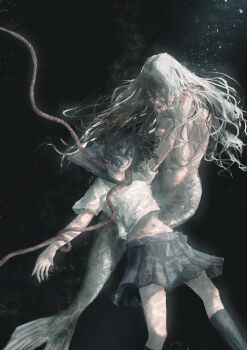 Rule 34 | 2girls, arai bokuseki, black hair, black skirt, closed eyes, commentary request, hand grab, hand on another's face, highres, long hair, mermaid, monster girl, multiple girls, original, reaching, reaching towards another, rope, shirt, skirt, stomach, subsurface scattering, t-shirt, underwater, white hair, white shirt