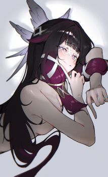 1girl absurdres black_hair blush breast_press breasts colored_tips columbina_(genshin_impact) commentary eye_mask finger_to_own_chin genshin_impact grey_background head_wings highres long_hair looking_at_viewer lying m3ru mask medium_breasts multicolored_hair nude on_stomach purple_eyes purple_hair smile solo unusually_open_eyes upper_body vignetting white_mask wings x-shaped_eyewear