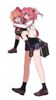 2girls :d absurdres aged_down alternate_costume animal_print ankle_socks b4_(yonten) bag black_bag black_socks black_sweater blue_eyes blue_skirt bow breasts brown_shoes carrying carrying_person cat_print child child_carry collared_shirt commentary_request doki_doki_literature_club frown full_body hair_ribbon highres jacket knees knees_up long_sleeves looking_at_another medium_breasts miniskirt multiple_girls natsuki_(doki_doki_literature_club) neck_ribbon on_person open_mouth orange_hair partial_commentary pink_hair pleated_skirt purple_skirt red_bow red_ribbon ribbon sayori_(doki_doki_literature_club) shirt shoes short_hair shoulder_bag simple_background skirt smile socks sweater thighs two_side_up v-shaped_eyebrows white_background white_bag white_jacket white_shirt yuri