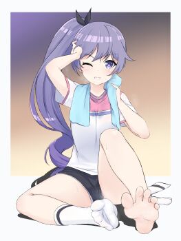 1girl absurdres barefoot feet highres light_blush long_hair looking_at_viewer one_eye_closed ongeki parted_lips ponytail purple_eyes purple_hair samiko shorts socks soles steam sweat takase_rio toes towel towel_around_neck unworn_socks white_socks