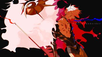 1boy absurdres armor azisaiharumaki56 bishounen black_bodysuit bodysuit cape chest_jewel commentary_request detached_cape earrings expressionless fate/grand_order fate_(series) feet_out_of_frame gold_trim highres holding holding_polearm holding_weapon jewelry karna_(fate) kavacha_(fate) kundala_(fate) male_focus pale_skin polearm short_hair single_earring solo spiked_hair spikes text_background vasavi_shakti_(fate) weapon white_hair