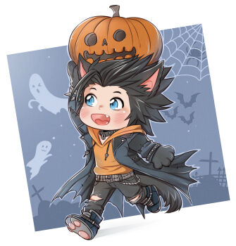 1boy animal_ears arm_up bat_(animal) black_coat black_gloves black_hair black_pants blue_eyes blush coat commentary cross crylin6 fang final_fantasy final_fantasy_vii final_fantasy_vii_ever_crisis full_body ghost gloves graveyard halloween halloween_costume open_clothes open_coat open_mouth pants pumpkin running short_hair solo spiked_hair symbol-only_commentary torn_clothes torn_pants wolf_ears zack_fair zack_fair_(black_hound)