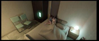 Rule 34 | 2girls, as109, bandaged arm, bandages, bare legs, barefoot, chair, female focus, highres, hug, indoors, multiple girls, nightstand, on bed, original, pillow, sitting