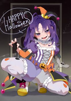 absurdres bat_(animal) black_gloves blush commentary_request crown drooling fingerless_gloves frilled_shorts frills full_body gloves grey_background happy_halloween hat highres jester jester_cap kimi_to_idol_precure loafers looking_at_viewer mini_crown open_mouth pantyhose precure puffy_short_sleeves puffy_shorts puffy_sleeves pumpkin purple_eyes purple_hair shigure_kokoro shoes short_sleeves shorts twintails white_pantyhose white_shoes ya_togi_86