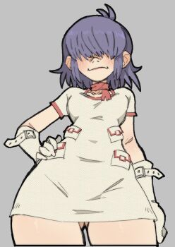 1girl antenna_hair breasts choker commentary cowboy_shot dress elbow_gloves from_below gloves gluteal_fold gorillaz hair_over_eyes hand_on_own_hip highres medium_hair noodle_(gorillaz) pantsu-ripper pouch purple_hair red_choker short_dress small_breasts solo white_dress white_gloves