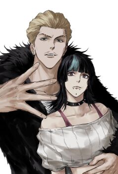 Rule 34 | 2boys, androgynous, bare shoulders, black coat, black hair, blonde hair, bra strap, brown eyes, chin piercing, choker, coat, collarbone, couple, crop top, cropped torso, eyebrow cut, face piercing, facial hair, fur trim, green streaks, hakari kinji, hand on another's stomach, highres, hoshi kirara, jacket, jewelry, jujutsu kaisen, lip piercing, looking at viewer, male, medium hair, multicolored hair, multiple boys, mustache stubble, open mouth, piercing, shirt, short hair, simple background, smile, spikes, sso s, star-shaped pupils, star (symbol), streaked hair, stubble, symbol-shaped pupils, white background, wolf cut