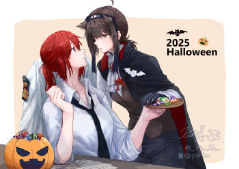 Rule 34 | 2025, 2girls, absurdres, black cape, black hair, black necktie, black pants, brown eyes, candy, cape, collared shirt, commentary, dress shirt, english commentary, female admiral (kancolle), food, halloween, halloween bucket, hatsuzuki (kancolle), highres, jack-o'-lantern, kantai collection, multiple girls, necktie, pants, pin.s, shirt, short hair, sidelocks, signature, twitter username, upper body, vampire costume, white shirt, yur