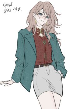 1girl bang_dream! bang_dream!_it's_mygo!!!!! blue_eyes blue_jacket brown_hair chihaya_sora chinese_commentary commentary_request earrings fang glasses grey_skirt hand_in_pocket hero45439083942 highres jacket jewelry long_hair original red_shirt shirt skin_fang skirt solo