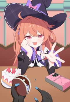 2girls :d absurdres animal black_dress black_gloves black_hat blush bow brown_hair bug cake cake_slice cellphone coin_purse commentary_request couch dress female_tyrant_(stella_sora) fly food fruit gloves hair_between_eyes hat hat_bow highres holding indoors insect juliet_sleeves long_hair long_sleeves looking_at_viewer mistique_(stella_sora) multiple_girls on_couch open_mouth phone pink_bow puffy_sleeves purple_bow red_eyes smile solo_focus sprout_(haji_s) stella_sora strawberry table tyrant_(stella_sora) upper_body witch_hat