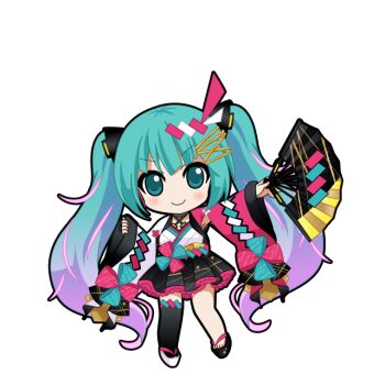 1girl :d animated animated_png aqua_eyes aqua_hair asymmetrical_footwear asymmetrical_sleeves black_kimono black_outline black_thighhighs blush chibi chibi_only closed_mouth colored_petticoat folding_fan full_body game_asset gradient_hair hair_ornament hand_fan hatsune_miku hatsune_miku_graphy_collection holding holding_fan japanese_clothes kimono kimono_skirt long_hair looking_at_viewer magical_mirai_miku magical_mirai_miku_(2020_summer) mismatched_footwear mismatched_sleeves multicolored_hair okobo open_mouth outline petticoat pinching_sleeves pink_hair pink_sleeves pink_streaks platform_sandals sandals sidelocks single_thighhigh smile solo standing streaked_hair thighhighs transparent_background twintails v-shaped_eyebrows very_long_hair vocaloid white_kimono white_sleeves