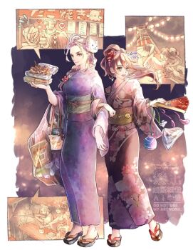 2girls blush border brown_hair closed_mouth commentary_request conupuni_nuno festival floral_print floral_print_kimono flying_sweatdrops folding_fan food green_eyes h'aanit_(octopath_traveler) hand_fan heart high_ponytail holding holding_fan holding_food japanese_clothes kimono multiple_girls octopath_traveler octopath_traveler_i octopuff_traveler_(octopath_traveler) okobo pink_hair platform_sandals ponytail primrose_azelhart print_kimono purple_kimono sandals smile spoken_scene standing takoyaki watermark white_border yukata