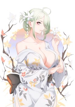 1girl absurdres ahoge arm_support bare_shoulders bracelet braid breasts chinese_commentary cleavage collarbone commentary de_lacey_(neural_cloud) de_lacey_(romantic_day_of_destiny)_(neural_cloud) feet_out_of_frame floral_background floral_print floral_print_kimono flower girls&#039;_frontline girls&#039;_frontline_neural_cloud green_hair grey_eyes hair_flower hair_ornament highres holding holding_flower holding_petal japanese_clothes jewelry kimono large_breasts light_smile looking_at_viewer medium_hair mole mole_under_mouth official_alternate_costume open_mouth parted_lips petals print_kimono side_braid sidelocks solo standing star-shaped_pupils star_(symbol) symbol-shaped_pupils thatob white_background white_kimono yukata