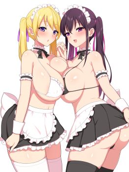 2girls aikome_(haikome) ass bikini bikini_under_clothes black_hair blonde_hair blue_eyes blush breast_press breasts colored_eyelashes covered_erect_nipples fujimiya_aiki_(haikome) highres holding_hands large_breasts long_hair maid maid_bikini multiple_girls open_mouth original purple_eyes simple_background skirt skirt_tug swimsuit symmetrical_docking thighhighs twintails unconventional_maid white_background