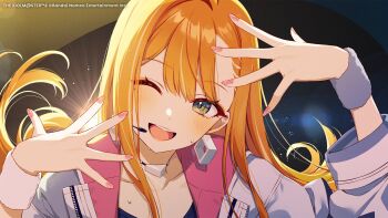 Rule 34 | 1girl, blush, choker, earrings, gakuen idolmaster, green eyes, gyaru, headset, highres, idolmaster, jacket, jewelry, long hair, looking at viewer, mole, mole under eye, nail polish, official alternate costume, official alternate hairstyle, official art, one eye closed, open mouth, orange hair, shiun sumika, smile, solo, straight hair, sweat, tomari (veryberry00), white jacket, wristband