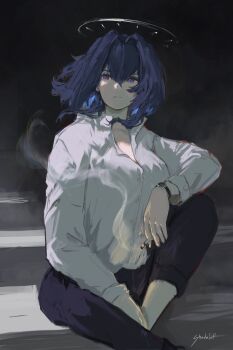 Rule 34 | 1girl, alternate costume, black pants, blue eyes, blue hair, breasts, cigarette, clock halo, closed mouth, collared shirt, commentary, double-parted bangs, english commentary, foot out of frame, grey background, grey halo, hair between eyes, hair intakes, halo, highres, holding, holding cigarette, hololive, hololive english, large breasts, long sleeves, looking to the side, medium hair, ouro kronii, pants, shadelett, shirt, sitting, smoke, smoke trail, solo, virtual youtuber, white shirt